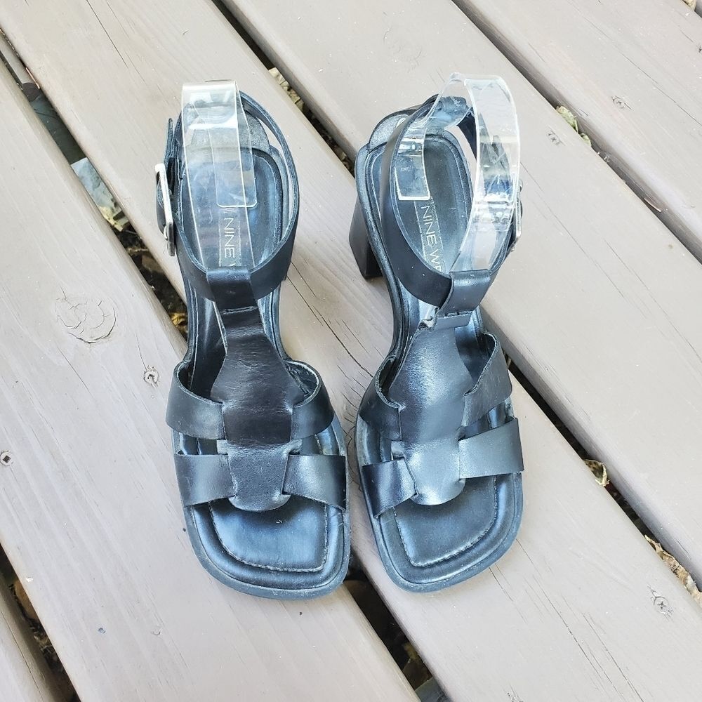 Vintage 90s y2k Black Leather Greek Fisherman Chunky Heeled Caged Jesus Sandals - Picture 4 of 9